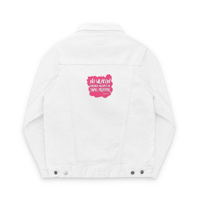 No Weapon Formed Against Me Trendy Unisex Denim Jacket (Embroidery) - Casual Wear, Summer Fashion, Graphic Jacket, Street Style, Gift for Her