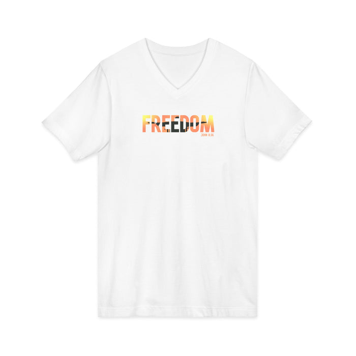Freedom V-Neck Tee – Sunrise Gradient "FREEDOM" Graphic Shirt
