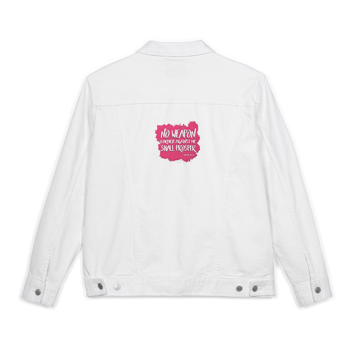No Weapon Formed Against Me Trendy Unisex Denim Jacket (Embroidery) - Casual Wear, Summer Fashion, Graphic Jacket, Street Style, Gift for Her