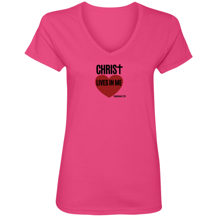 Christ Lives In Me Ladies V Neck Tee Shirt