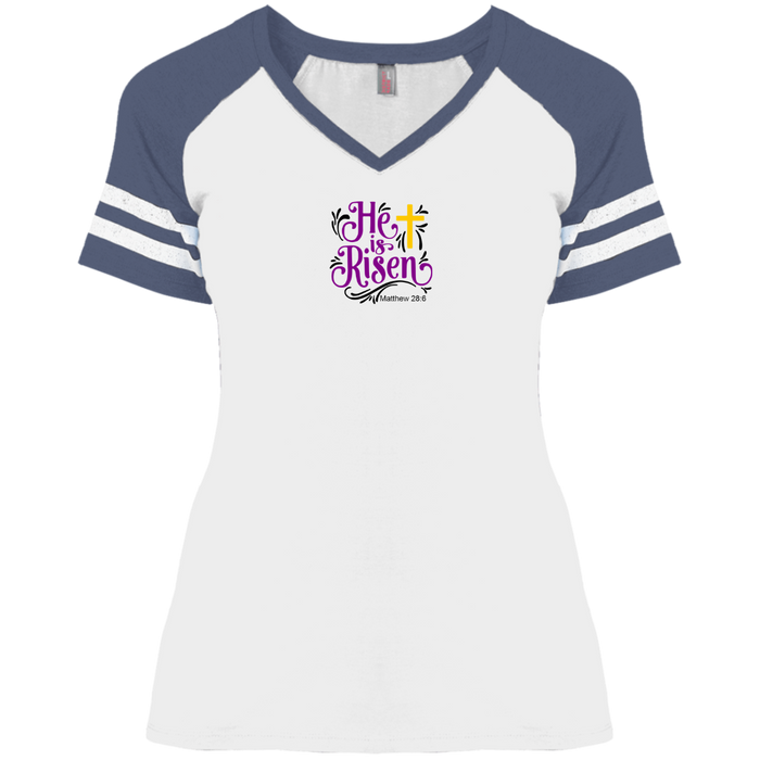 He is Risen Ladies Game V Neck Tee Shirt