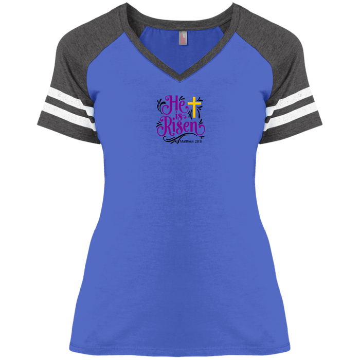 He is Risen Ladies Game V Neck Tee Shirt